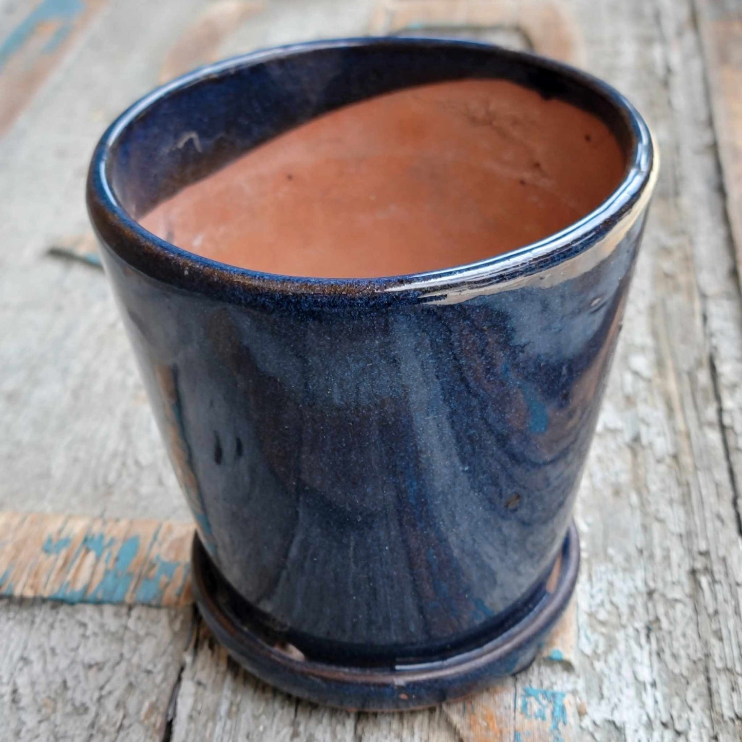 Glazed Terra Cotta Planter with Saucer - Navy