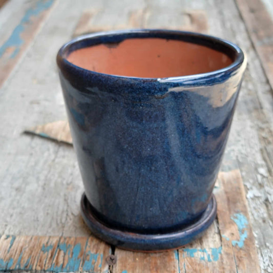 Glazed Terra Cotta Planter with Saucer - Navy