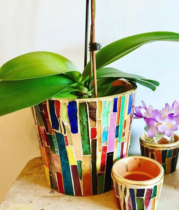 Hand-cut Glass Mosaic on Terra Cotta Planter - 8"