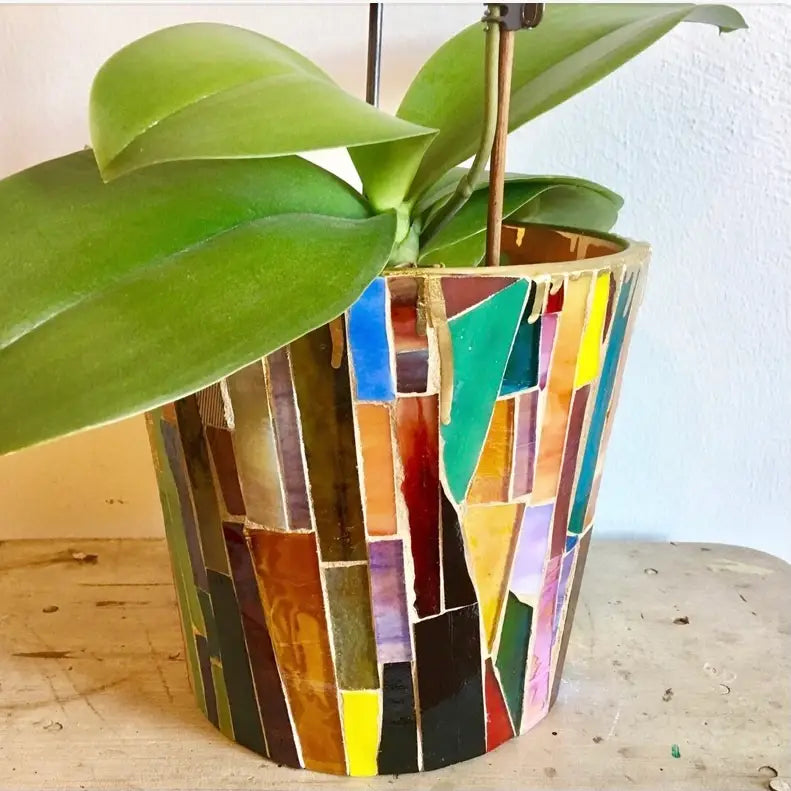 Hand-cut Glass Mosaic on Terra Cotta Planter - 5"