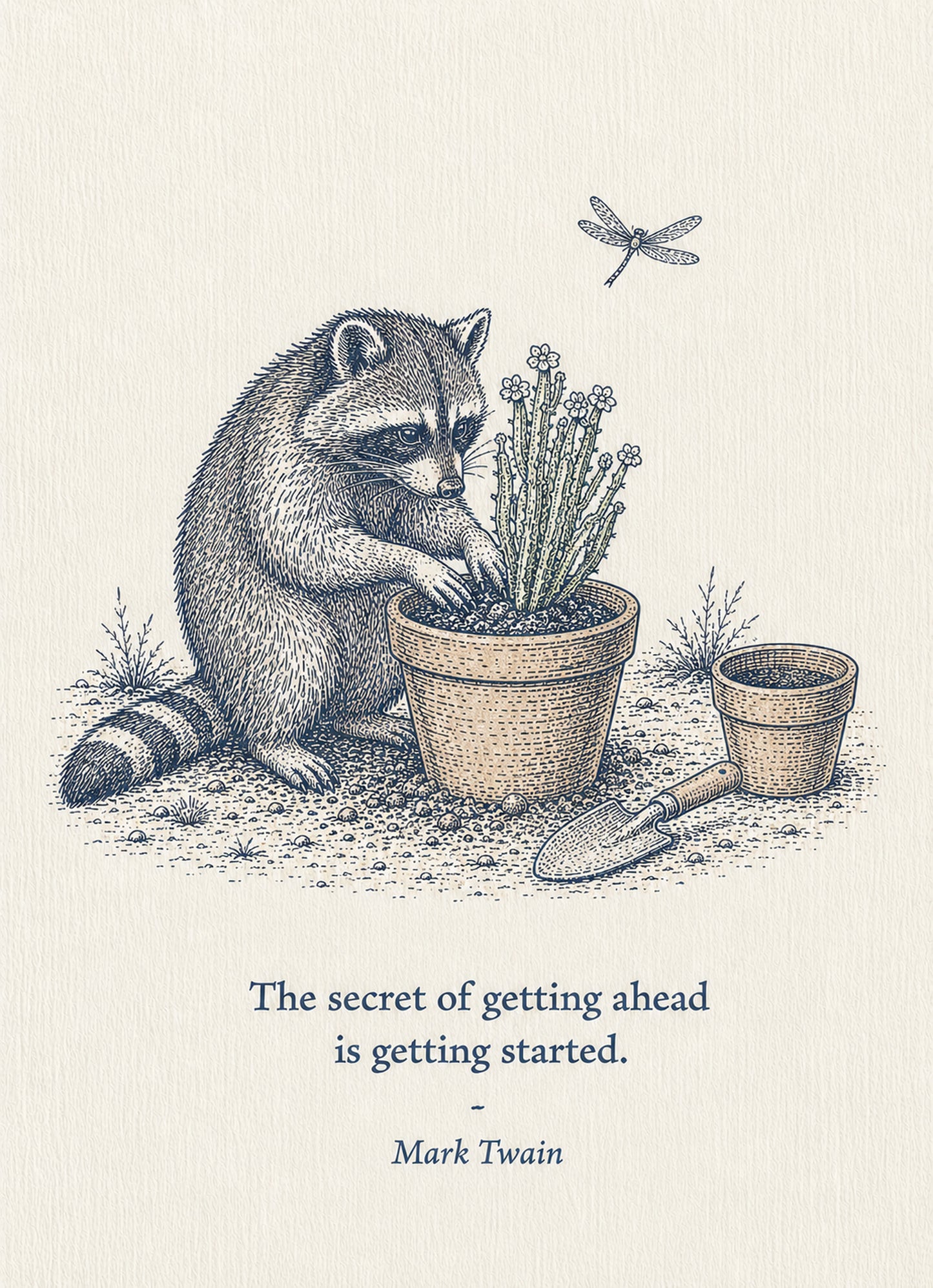 Raccoon Small Society 5 x 7 art card by Shangri-Ha Cactus Ranch