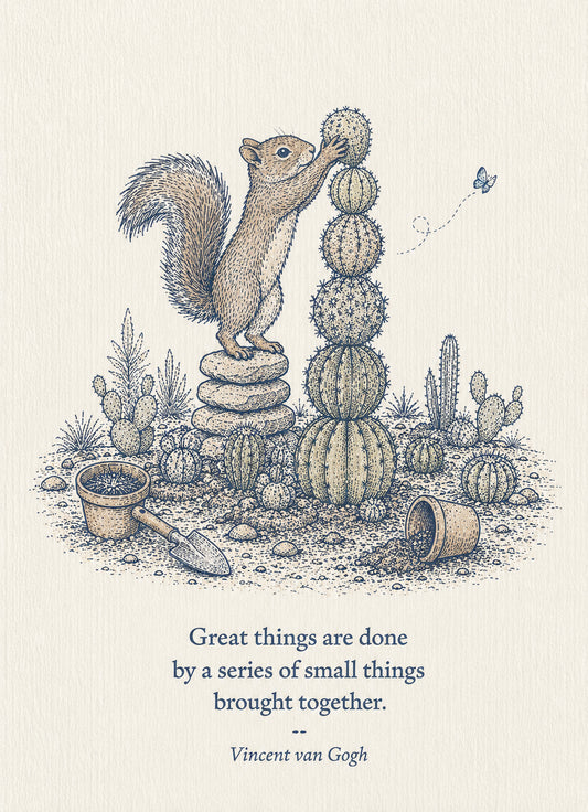 Squirrel Small Society 5 x 7 art card by Shangri-Ha Cactus Ranch